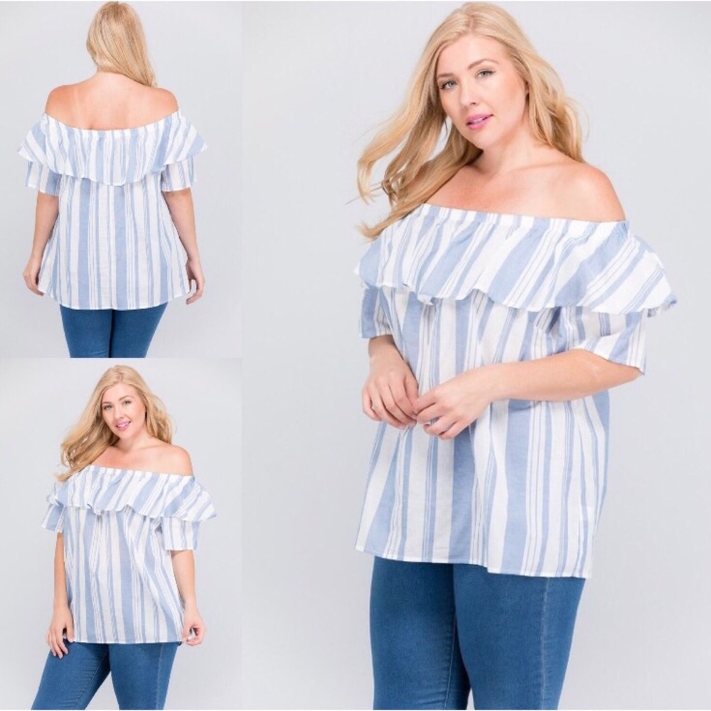 Blue & White Off the Shoulder Striped Blouse